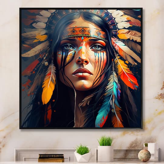 Designart 'Colorful Native American Woman VI' Contemporary Glam Framed Canvas Wall Art